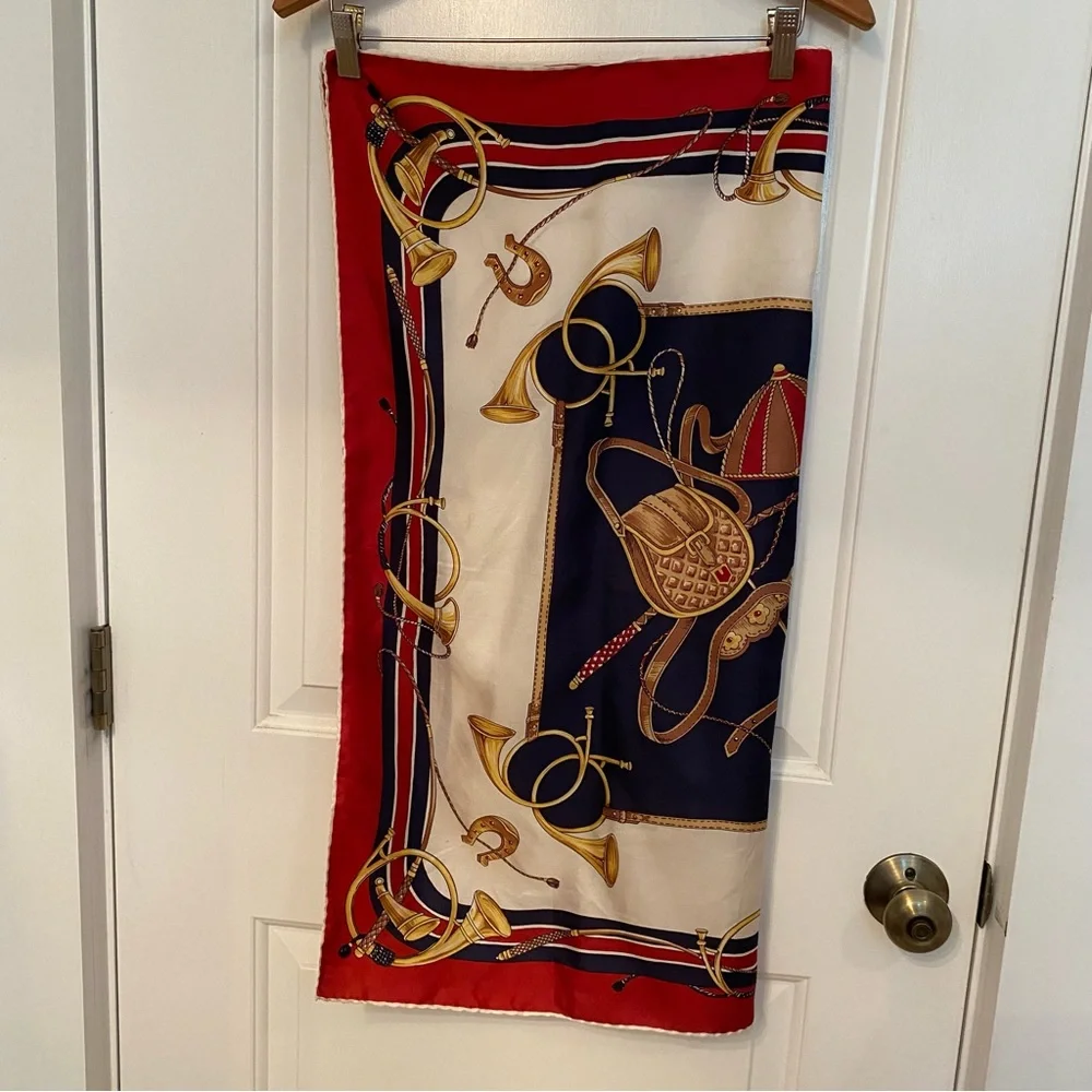 LUCIANO ITALY SCARF SILK SQUARE EQUESTRIAN HORSE RED CREAM BLACK GOLD VINTAGE